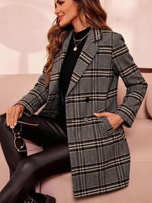 SHEIN Clasi Lapel Neck Double Breasted Overcoat In Fall/Winter - Khaki - View 1