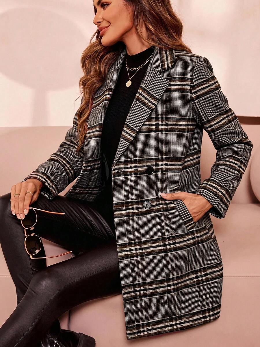 SHEIN Clasi Lapel Neck Double Breasted Overcoat In Fall/Winter - Khaki - View 1