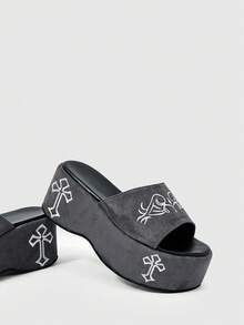 ROMWE Women's Slope Heel Platform Sandals Dark Rock Punk Goth Shoes Open-Toed Roman Beach Sandals Word With Embroidery Party Dress Shoes - - Grey embroidered slippers - View 6