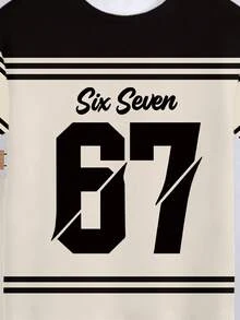 SHEIN Explorewe 2件組男孩休閒時尚數字67條紋黑米色字母印花短袖T恤與短褲套裝，舒適夏季日常穿著 - 彩色 - 查看 5