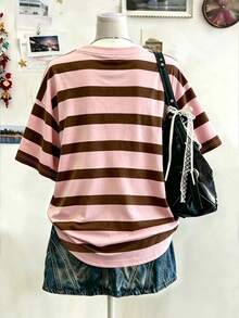 Lalippa 女款條紋V領落肩短袖休閒寬鬆版型T恤 - 彩色 - 查看 2