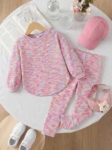 SHEIN 女童秋季休閒混紡T恤與內搭褲套裝 - 粉色 - 查看 5