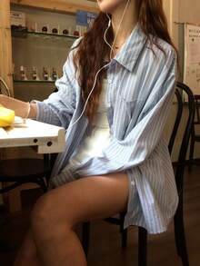 DAZY 女款條紋單排扣休閒日常穿著襯衫 - 藍色 - 查看 4