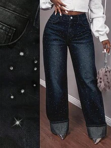 Slaydiva Women's Black Rhinestone Wide Leg Denim Jeans, High Waist Sparkle Embellished Loose Fit Party Pants With Pockets, Y2K Concert Going Out Jeans - Dark Wash - View 2