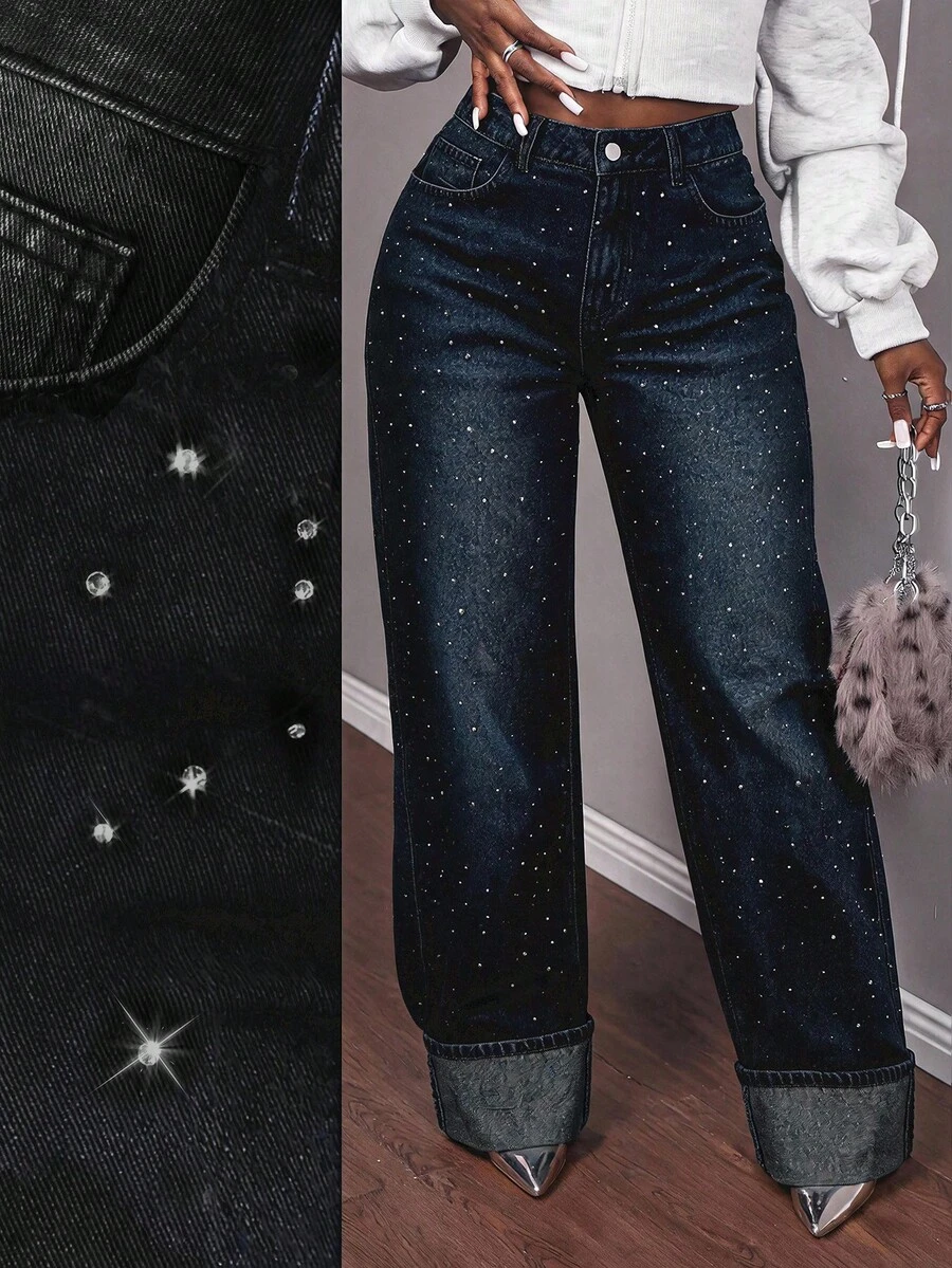 Slaydiva Women's Black Rhinestone Wide Leg Denim Jeans, High Waist Sparkle Embellished Loose Fit Party Pants With Pockets, Y2K Concert Going Out Jeans