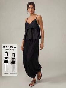 SHEIN Tall Women's Elastic Waist Pocket Loose Lantern Solid Color Casual Pants - Black - View 3