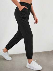 EURMUSE Drawstring Waist Slant Pocket Joggers - Black - View 3