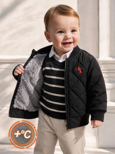 SHEIN Playful Pals Toddler Baby Boys Old Money Quilted Jacket, Infant Black Tops Baseball Coat, Kids Embroidered Stand Collar School Outerwear