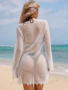 Swim Vcay 女士卡其色镂空网眼薄纱罩衫 - 白色 - 查看 2