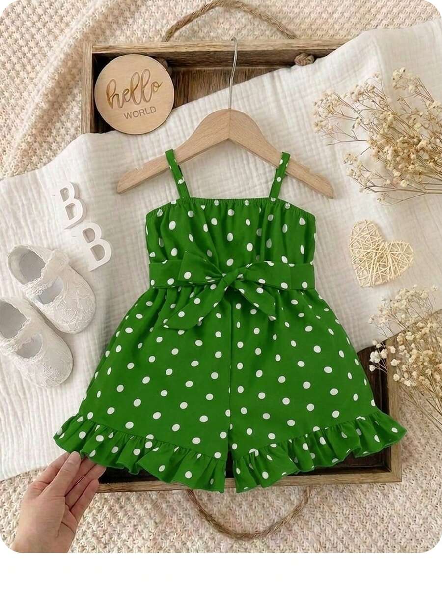 SHEIN Baby Girl Polka Dot Print Ruffle Hem Belted Cami Romper - Green - View 1