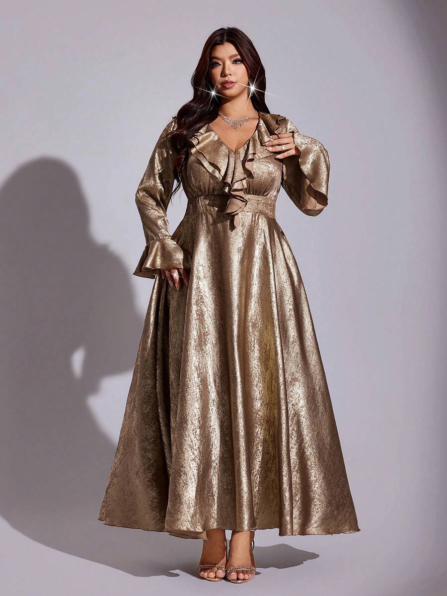 Viva Relle Gaun Elegan Panjang Sedang dengan Detail Ruffle Berkilau Warna Emas Champagne, Leher V, Lengan Mengembang, dan Pinggang Terikat, Cocok untuk Musim Gugur. - Emas - View 1