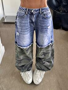 StreetHx Camouflage Patchwork Low Waist Distressed Denim Jeans - Blue - View 5