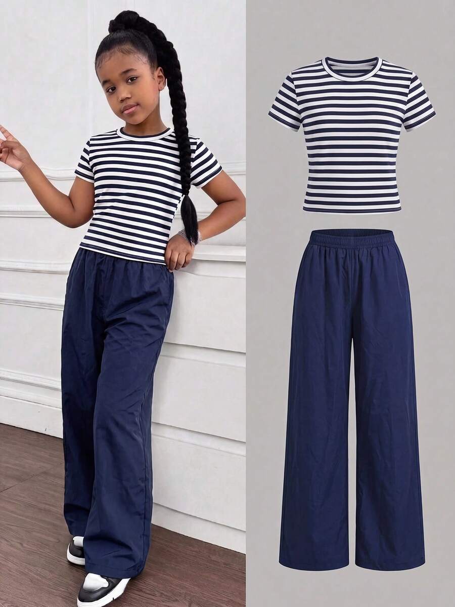Tween Girls Squishy Blue Striped Knit Set Casual Everyday Versatile - Blue - View 1