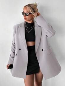 Ritzy Row Women's Casual Oversized Padded Shoulder Mid-Length Double-Breasted Blazer - Grey - View 5