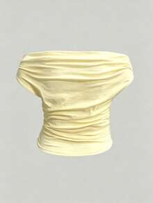 INAWLY Plus Size Summer Casual Elegant Eleganza Solid Color Off-Shoulder T-Shirt Formal Date Night Butter Yellow - Pale Yellow - View 2