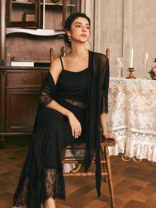 Côtesoire South French Elegant Mature Camisole Long Pants Robe 3 Pieces Pajama Set For Women - Black - View 4
