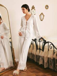 Côtesoire South France Romantic Lace Patchwork V-Neck Long Sleeve Pants Women's Pajama Set - White - View 4