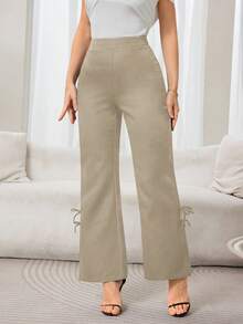 Modelyn Women's Elegant Commuter Solid Color Bow Decor Split Flare Pants  Fall Clothes For Women  Modest  Korean Style - Khaki - View 4