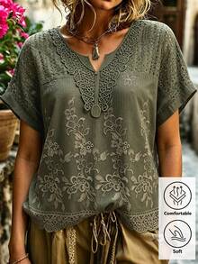 SHEIN LUNE CURVE Plus Size Woven Casual Vacation Commuting Daily Travel Summer Women's Shirt - Army Green - View 1