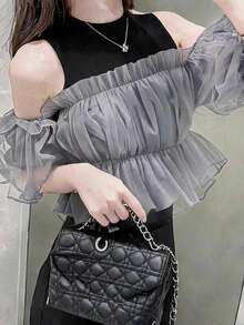 FRIFUL Women's Summer New Contrast Color Sheer Mesh Fabric Ruched Ruffle Bow 2 Pieces Set Lounge Sets For Women Vacation - Black - View 5