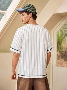 Whitmere Men's Black & White Striped Baseball Jacket, Minimalist Slim Fit Short Sleeve Top, Breathable Pleated Fabric, Loose Square Collar - Multicolor - View 1