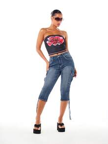 BABYPHAT Plus Size Cargo Capri Jeans With Embroidered Back Pockets Side Cargo Pockets Drawstring Hem Mid Rise Fitted Denim - Blue - View 3