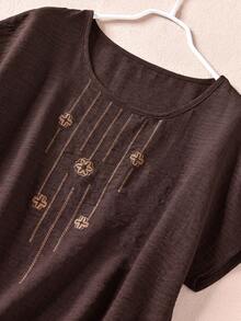 Rusticease 女款度假休閒刺繡上衣與長褲兩件套 - 巧克力棕 - 查看 5