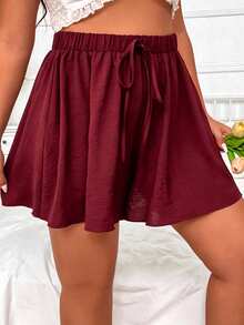 Ceyna Plus Size Women Solid Color Waist Tie Wide Leg Loose Shorts - Burgundy - View 5