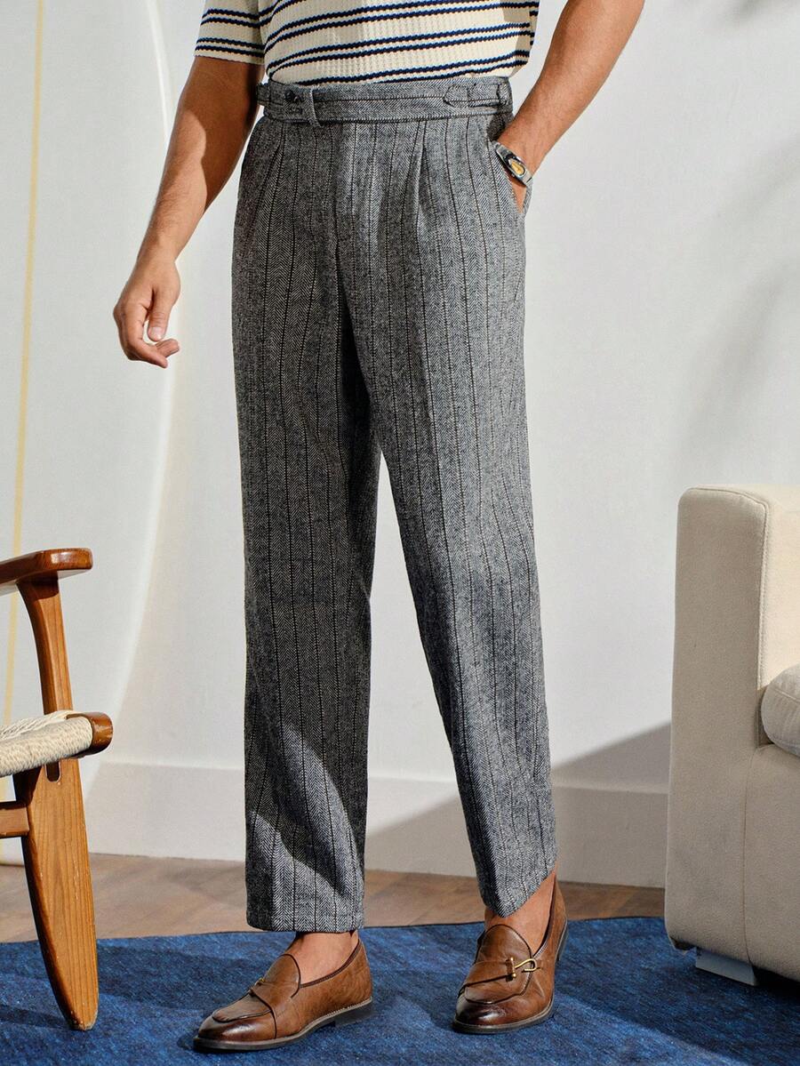 Old Money Grey Classy Summer Dinner Formal Pants,Gentleman High-Waisted Straight-Leg Loose Suit Pants,Anti-Wrinkle Corduroy Retro British DapperFall Winter - Dark Grey - View 1