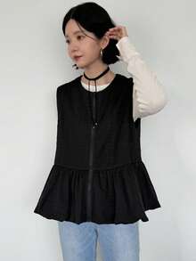 FRIFUL Women's Early Autumn New Korean Style Zipper Layered Vest With Patchwork Pleated Ruffle Hem Regular Jacket - Black - View 3