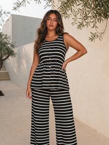 ELLERISSA Plus Size Black & White Striped Button Front Tank Top & Wide Leg Pants Co-Ord Set - Black and White - View 5