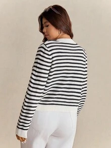 Elaquor Plus Size Women Casual Commuter Striped Pattern Faux Pearl Button Cardigan In Fall/Winter - Black and White - View 2
