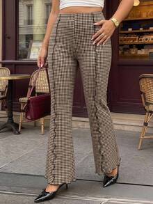 SHEIN MOD Plus Size Autumn Vintage Brown Houndstooth Flare Pants, Retro Casual, Daily Commute, Office Wear, Preppy Style, Versatile Pants For Autumn/Winter - Brown - View 7