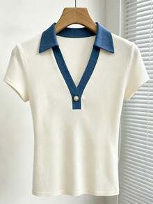 SHEIN Top de mujer de punto ajustado con efecto denim y patchwork, casual, elegante francés, para ir a la oficina, brunch y uso diario, a rayas azules y blancas, de verano - Multicolor - Ver 4