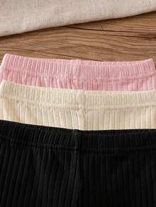 SHEIN Vintaside Kids 3件組女嬰腿緊身褲 粉色與白色條紋 秋季休閒 純色棉質長褲 極簡甜美風 直筒寬鬆版型 - 黑色 - 查看 3