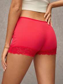 Esseday Women's Solid Color Contrast Lace Safety Shorts - Red - View 2
