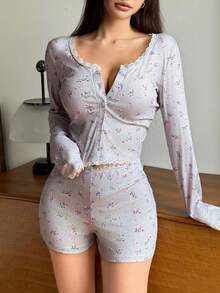 DAZY Lace Patchwork Ditsy Floral Fitted Pajama Set, Fall Winter Clothes - Grey - View 7