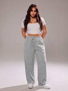 SHEIN Cottnline Plus Size Casual Drawstring Waist Loose Wide-Leg Sweatpants Graduation, Teacher For Women, Back To School - Light Grey - View 3