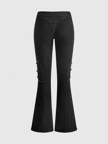 ACID BLVD Spring Autumn Winter Millennium Rock Y2K Buckle Decor Slim Straight Micro Flare Coated Denim Jeans - Black - View 2