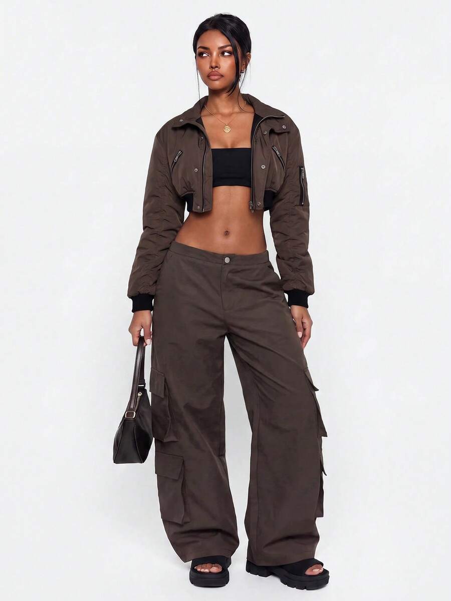 Avantive Women's Solid Color Cargo Pocket Wide Leg Loose Long Pants - Army Green - View 1