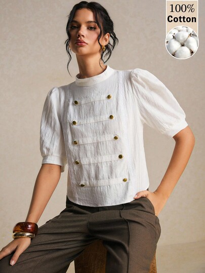 Poéselle Women's Elegant French Lace Patchwork Double-Breasted Shirt,Napoleon Top ,Casual Blouses,Work Outfits,Chic Top,Going Out Tops ,Fall/Winter