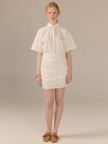 KÆRIA Hus Side Ruched Mini Shirt Dress - Cotton Comfort Stretch - Off-White - Office Brunch, Casual French Minimalist, Everyday Summer - White - View 6
