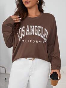 SHEIN Essnce Plus Letter Graphic Drop Shoulder Tee Fall - Coffee Brown - View 6