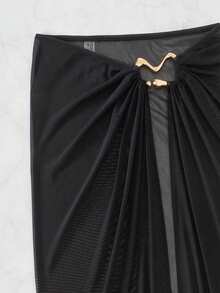 Swim SXY Women Ruched Wave Metal Embellished Solid Color Summer Skirt,Summer Beach - Black - View 4