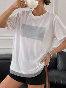 FRIFUL Women's Summer Spring Solid Color Patchwork Sheer Mesh Loose Casual Versatile T-Shirt - White - View 3