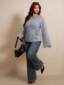 Elaquor Plus Size Fashion Button Tie-Up Slit Long Sleeve Sweater Formal Office Business Semi Grey Fall Casual Elegant - Dark Grey - View 7