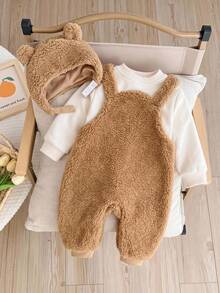 Cozy Pixies Setelan Bayi Perempuan 2pcs: Baju Terusan Tebal Berlapis Termal Motif Beruang Kartun & Topi Lengan Panjang, Musim Gugur/Musim Dingin - Coklat - View 2