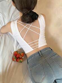 FRIFUL Women's Solid Color Criss-Cross Back Tank Top With Padded Cups Cute Tops - White - View 8