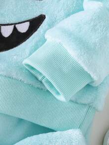 SHEIN Playful Pals 2件組男嬰秋冬抓絨布卡通刺繡圖案圓領長袖純色長褲，極簡風適合外出、休閒、日常運動 - 薄荷綠 - 查看 6