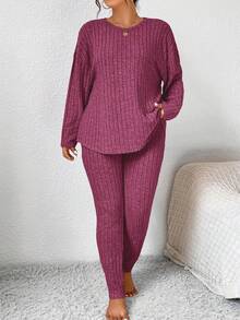 SHEIN Frenchy 纯色粒面面料家居服风格落肩 T 恤和紧身裤 - 玫紅色 - 查看 5